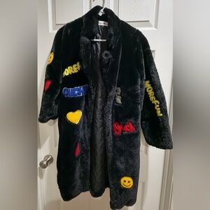 Black Faux Fur Coat with Colorful Patches